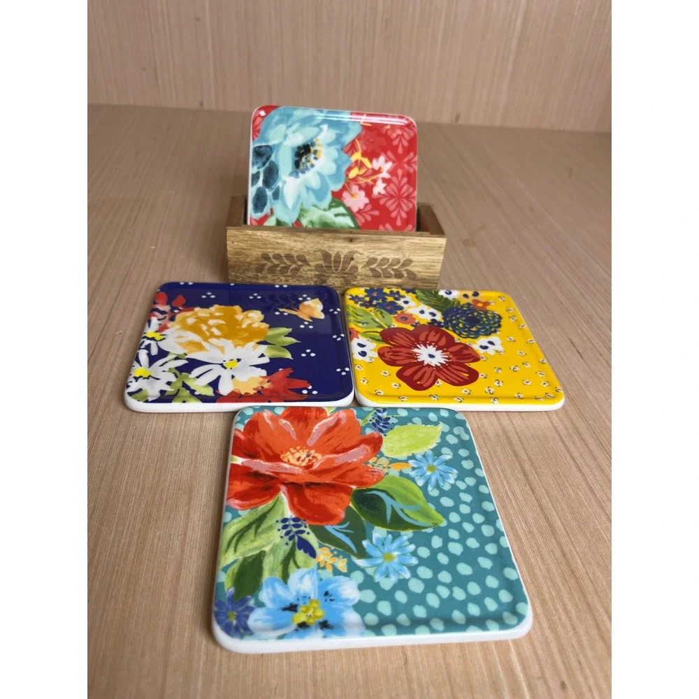 The Pioneer Woman Floral Ceramic Coaster Set of 4 with Engraved Wood Holder Boho